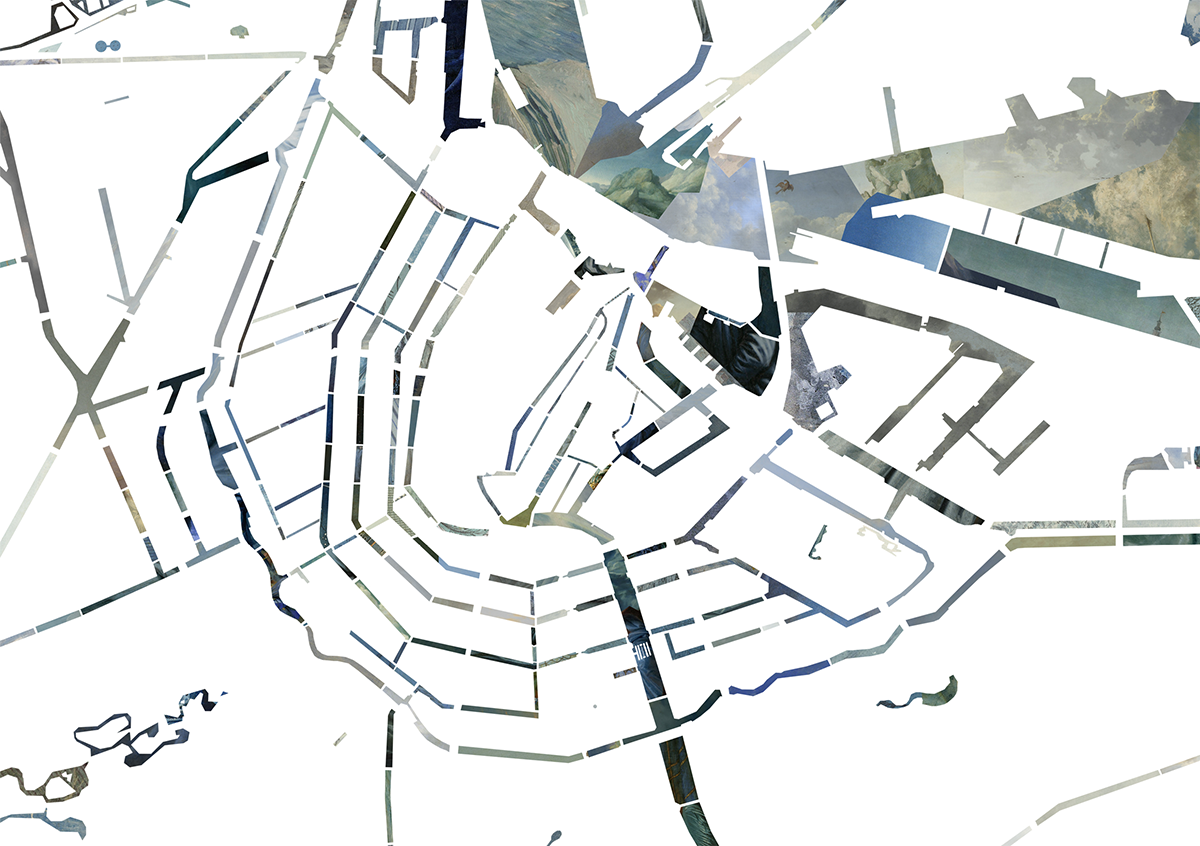 Art piece of a map of Amsterdam made up of snippets of sky in place where bodies of waters are