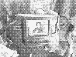 Close-up of a flash portrait someone just took with a floppy disk camera